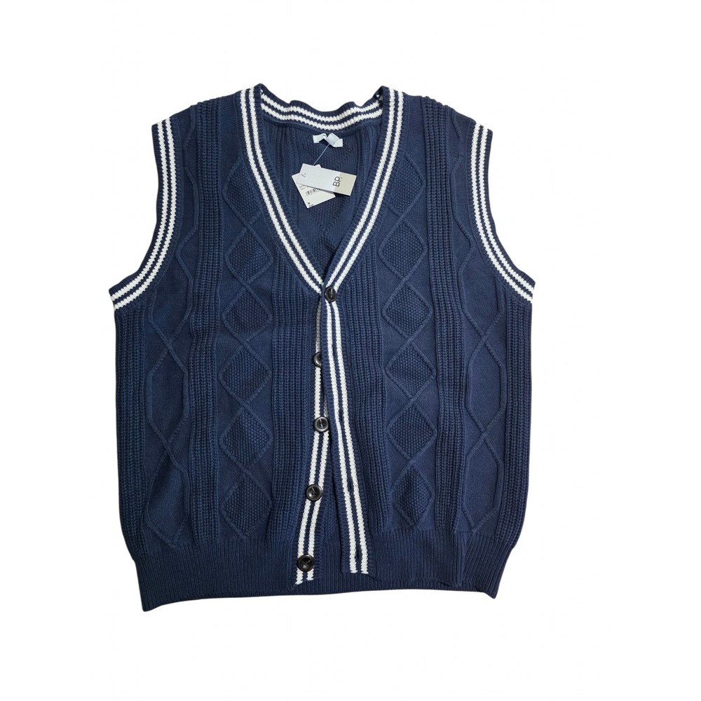 BP. Womens Navy Blue Cable Knit V-Neck Sweater Vest Preppy Varsity Stripe Medium
